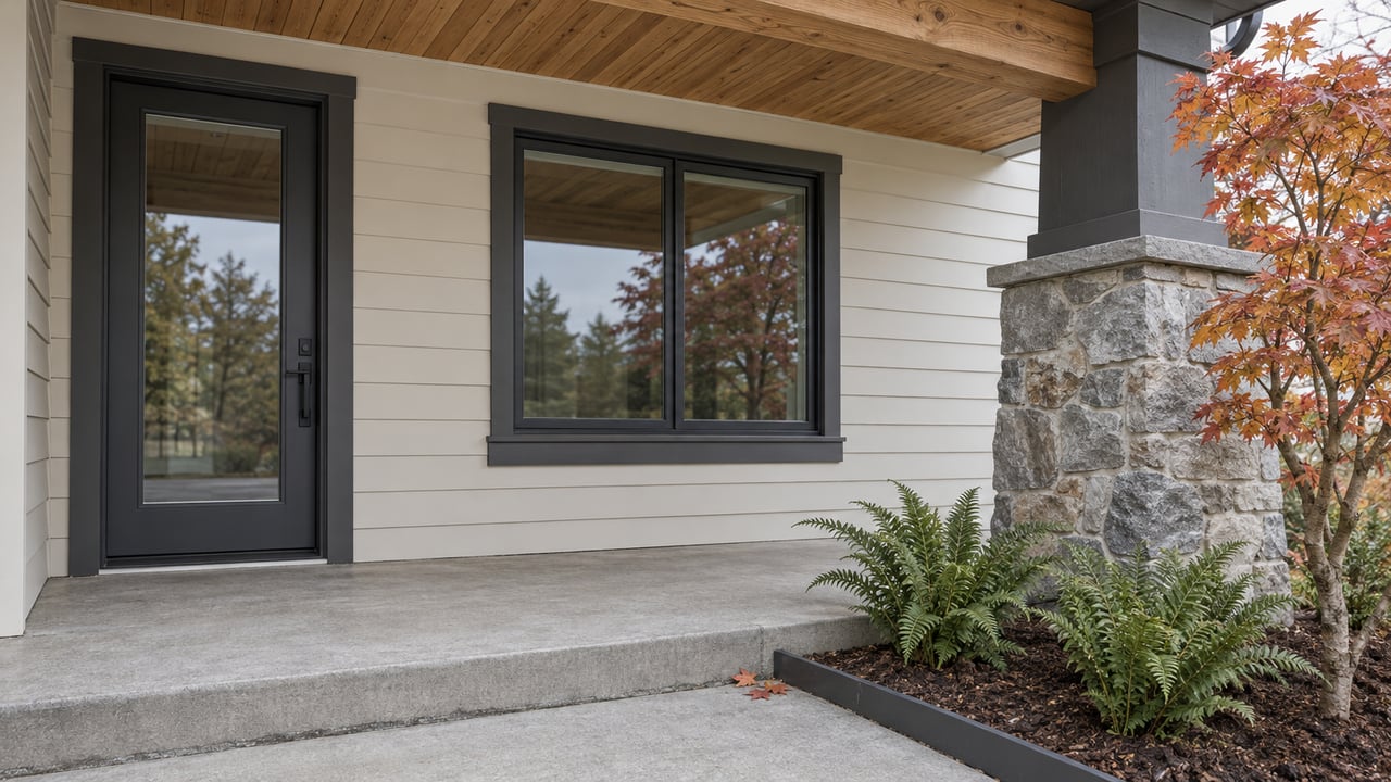 Covered home entry with cedar soffit, ivory siding, gray stone pier and an autumn vine maple beside a concrete step.