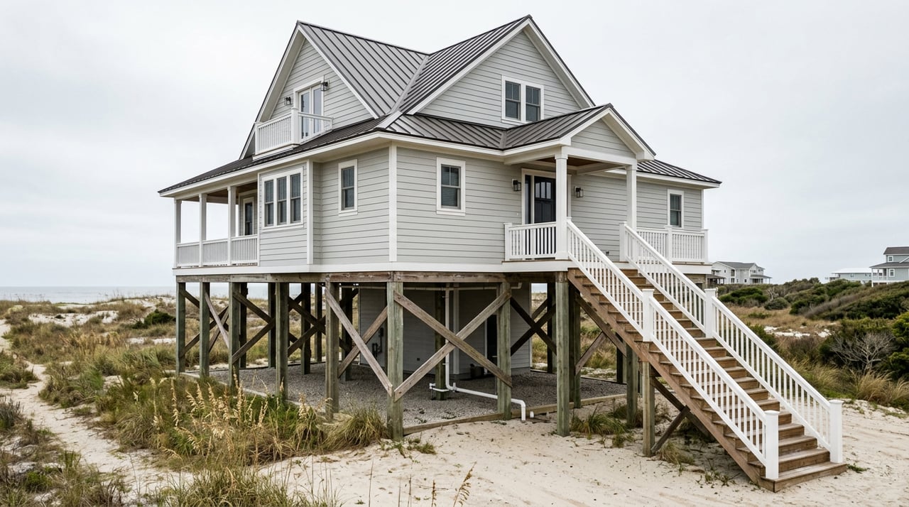 Coastal home raised on pilings, with an entry stair leading to a broad porch.
