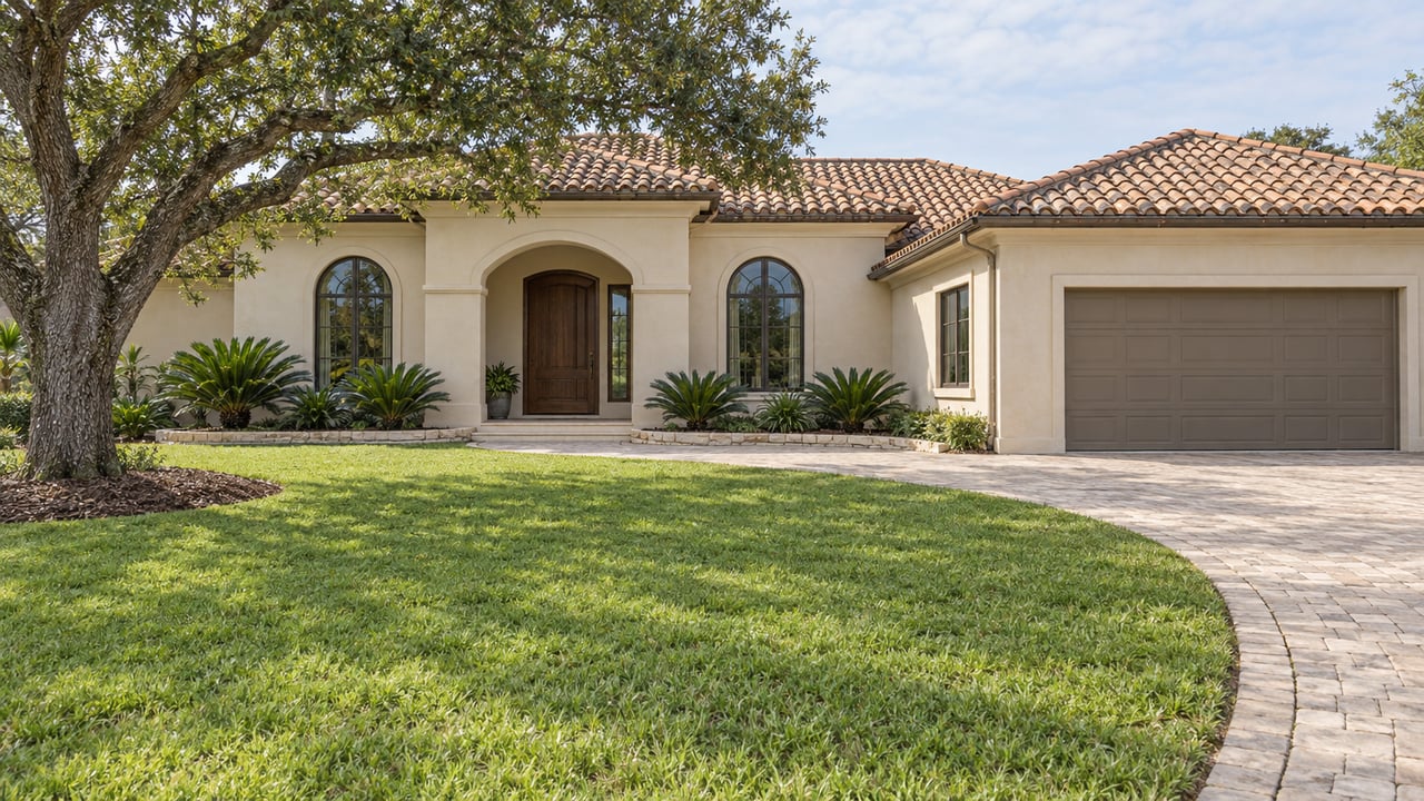 Ivory stucco estate with terracotta roof, arched entry, broad front lawn and a curving pale paver driveway beneath a mature live oak.