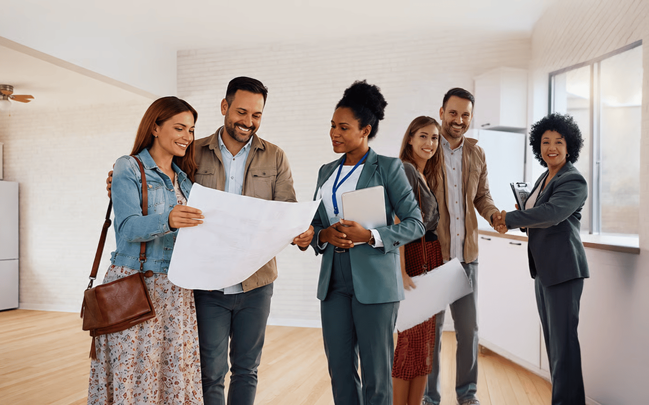 Real estate agent reviews a floor plan with clients as another agent greets a couple.