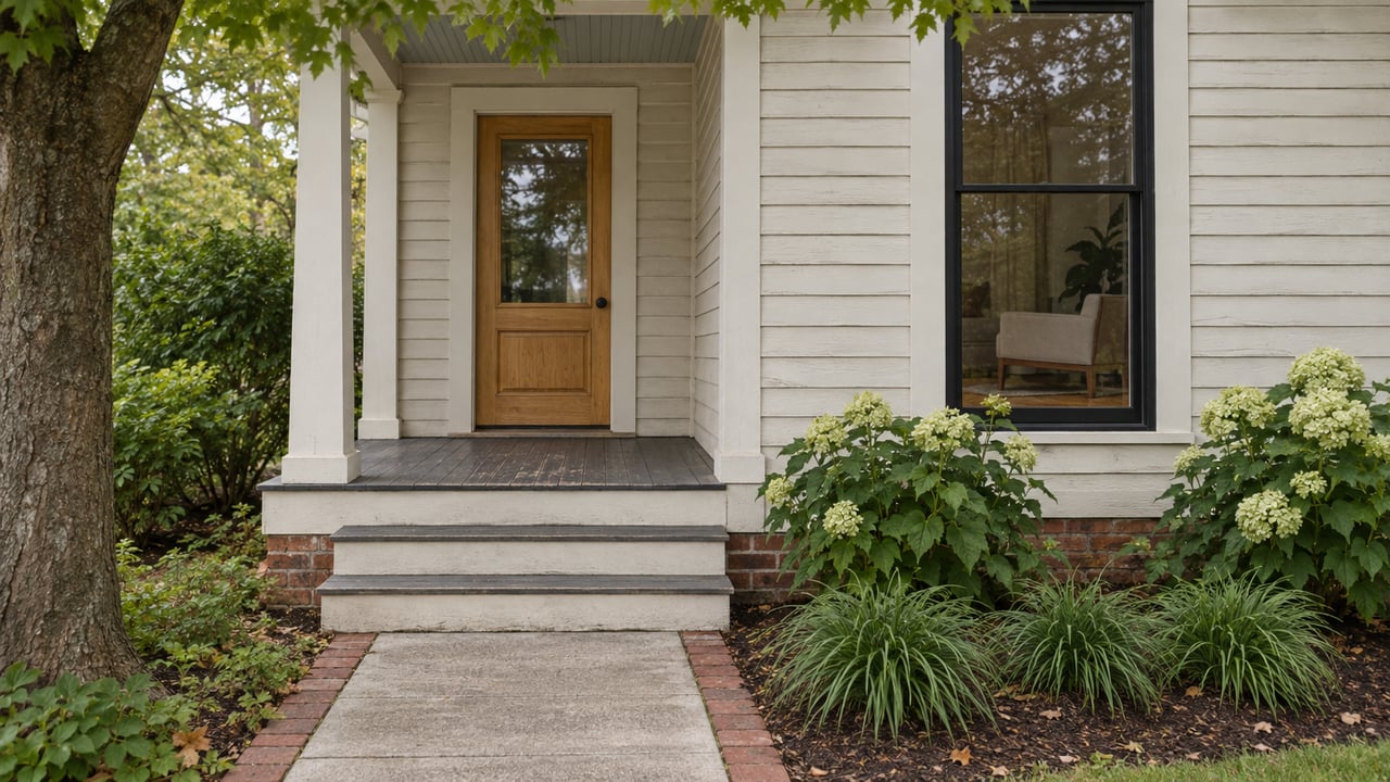 Off-white clapboard entry with a closed oak door, black-framed window, concrete path, and hydrangeas.
