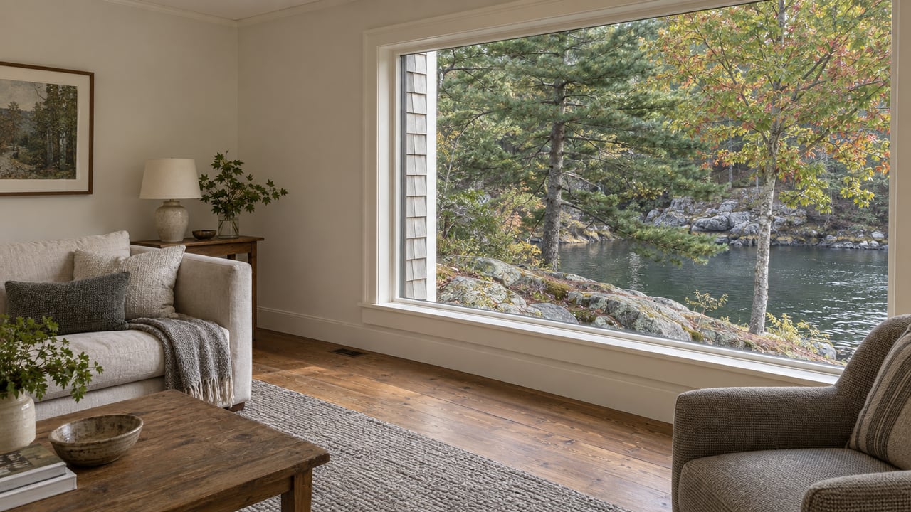 Oak-floored sitting room with a linen sofa and picture window overlooking a tree-lined riverbank.