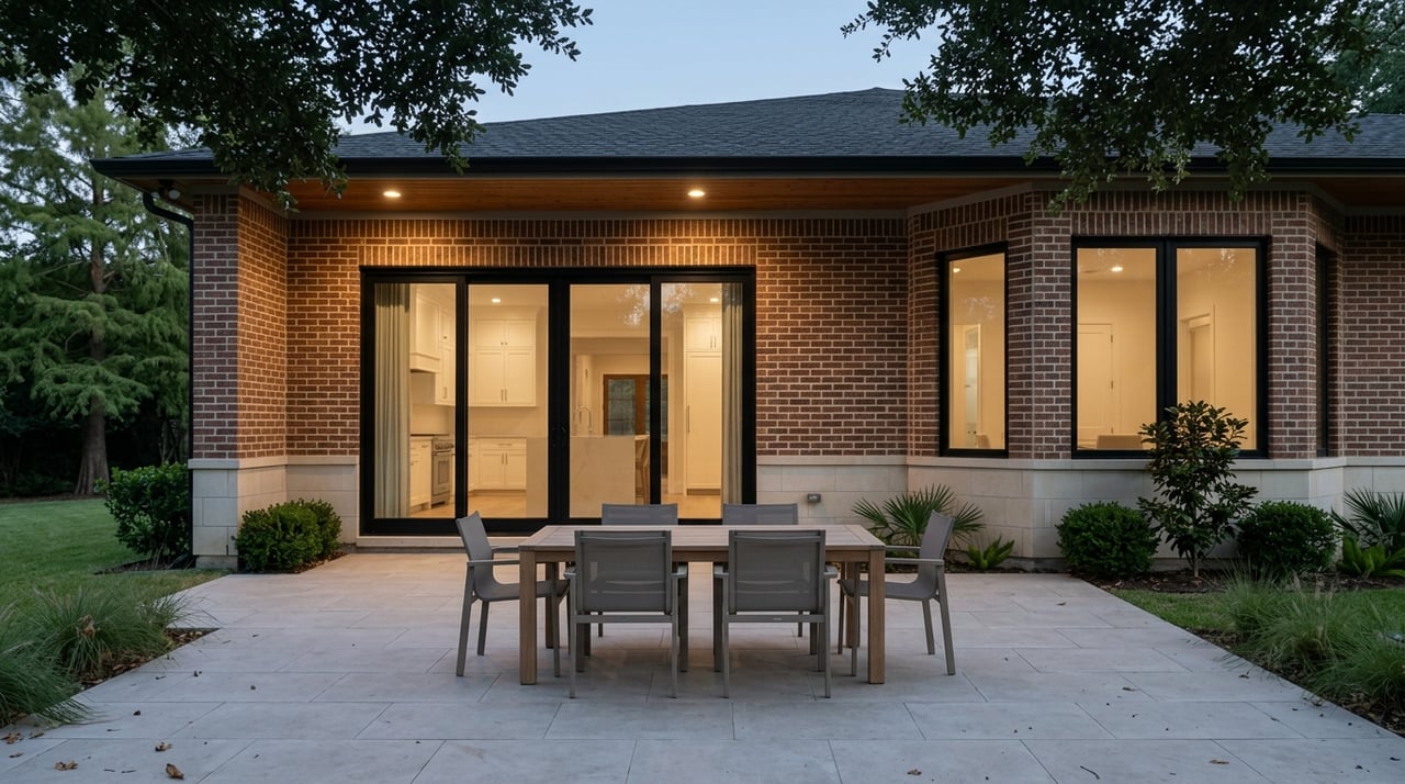 Suburban rear elevation at blue hour, interior glow through sliding doors beside teak dining set.