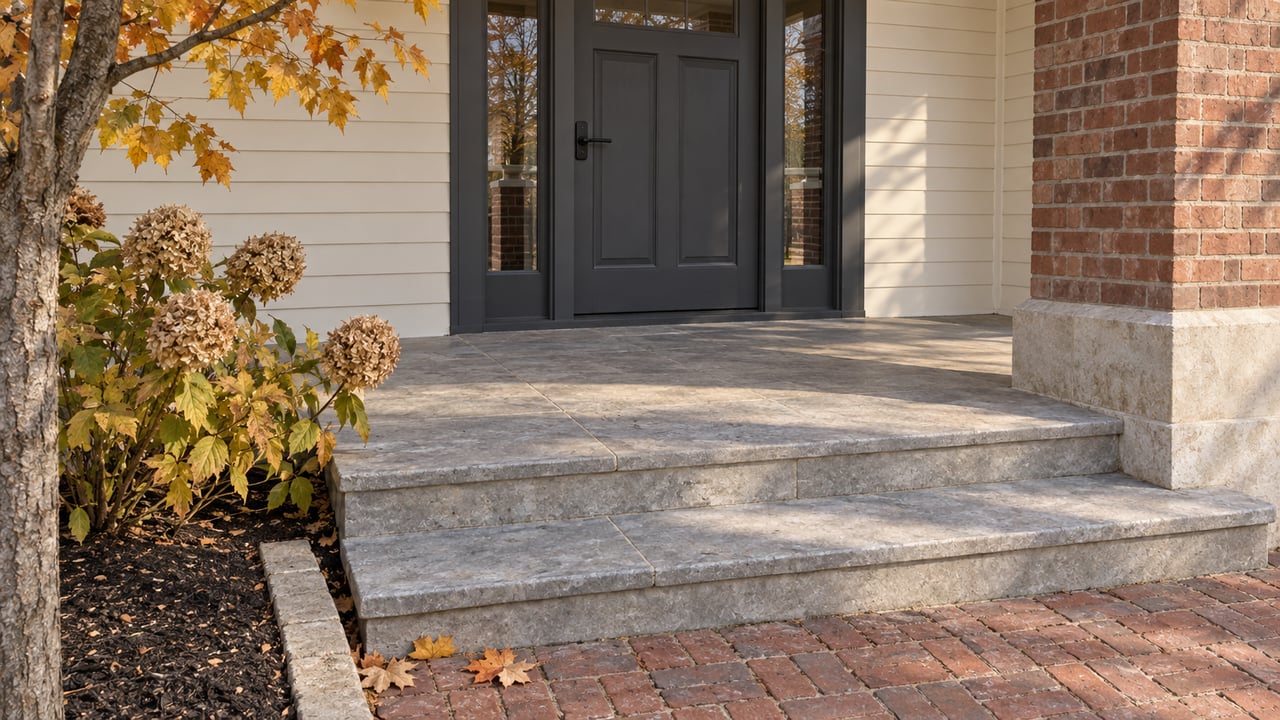 An autumn porch entry with a charcoal door, red-brown brick pier, limestone steps and dried hydrangea flowers.