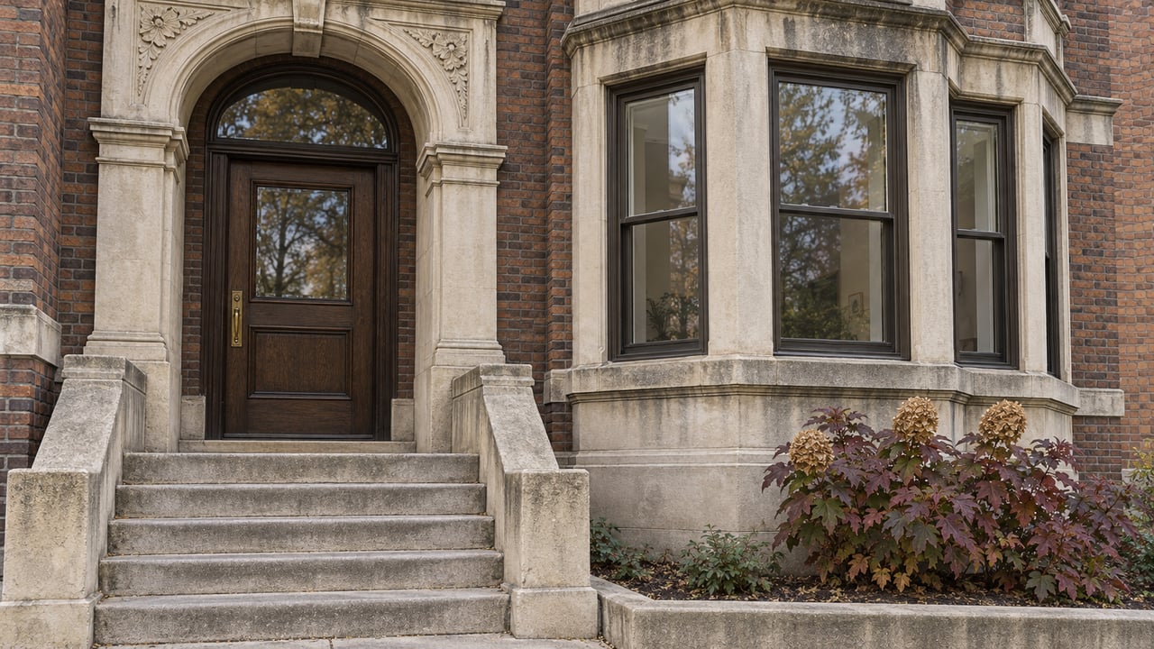 Carved limestone entrance, worn stone steps and dark-framed bay windows in a russet brick home, beside burgundy oakleaf hydrangea.