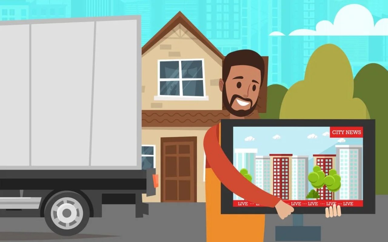 Illustration of a man holding a television beside a moving truck and house.