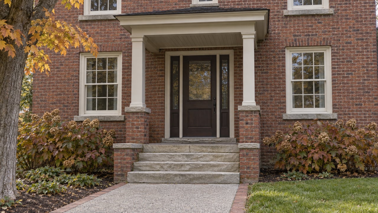 An older red-brick home with cream sash windows, a dark timber front door, limestone steps and autumn planting.