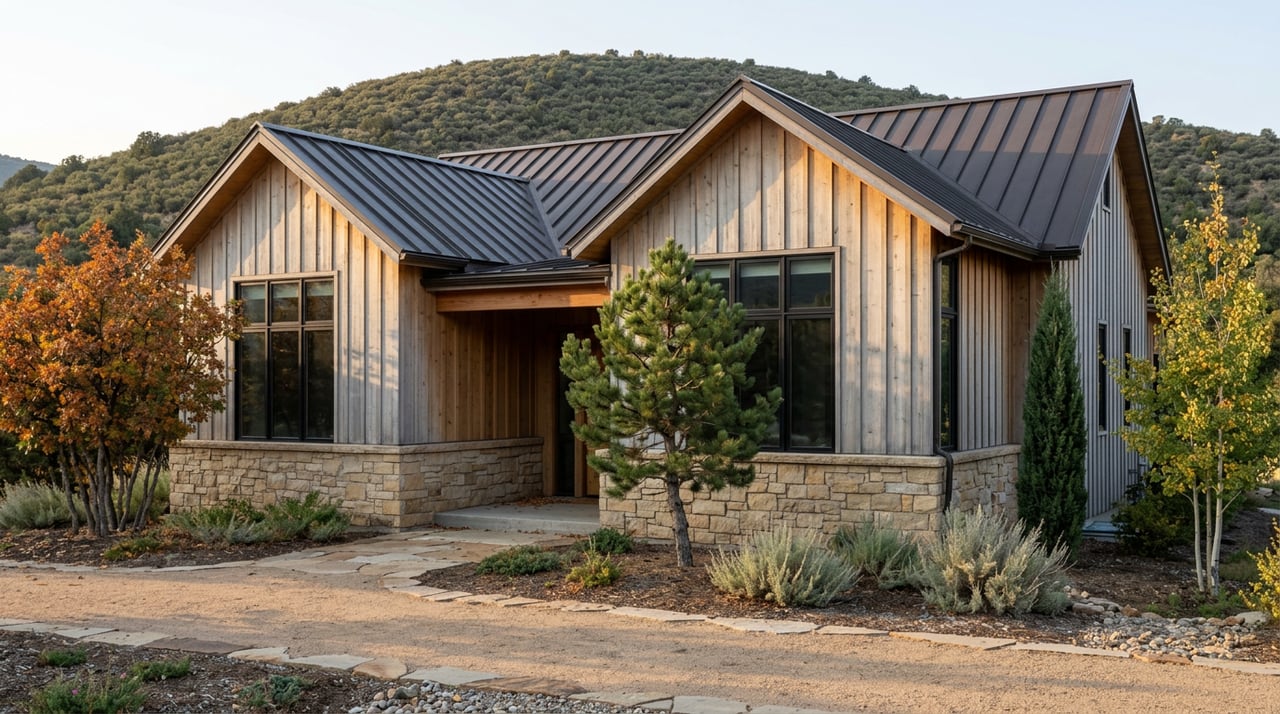 Stone-and-cedar foothill home with a dark metal roof, native sagebrush, pinyon pine, and an oak-covered slope.