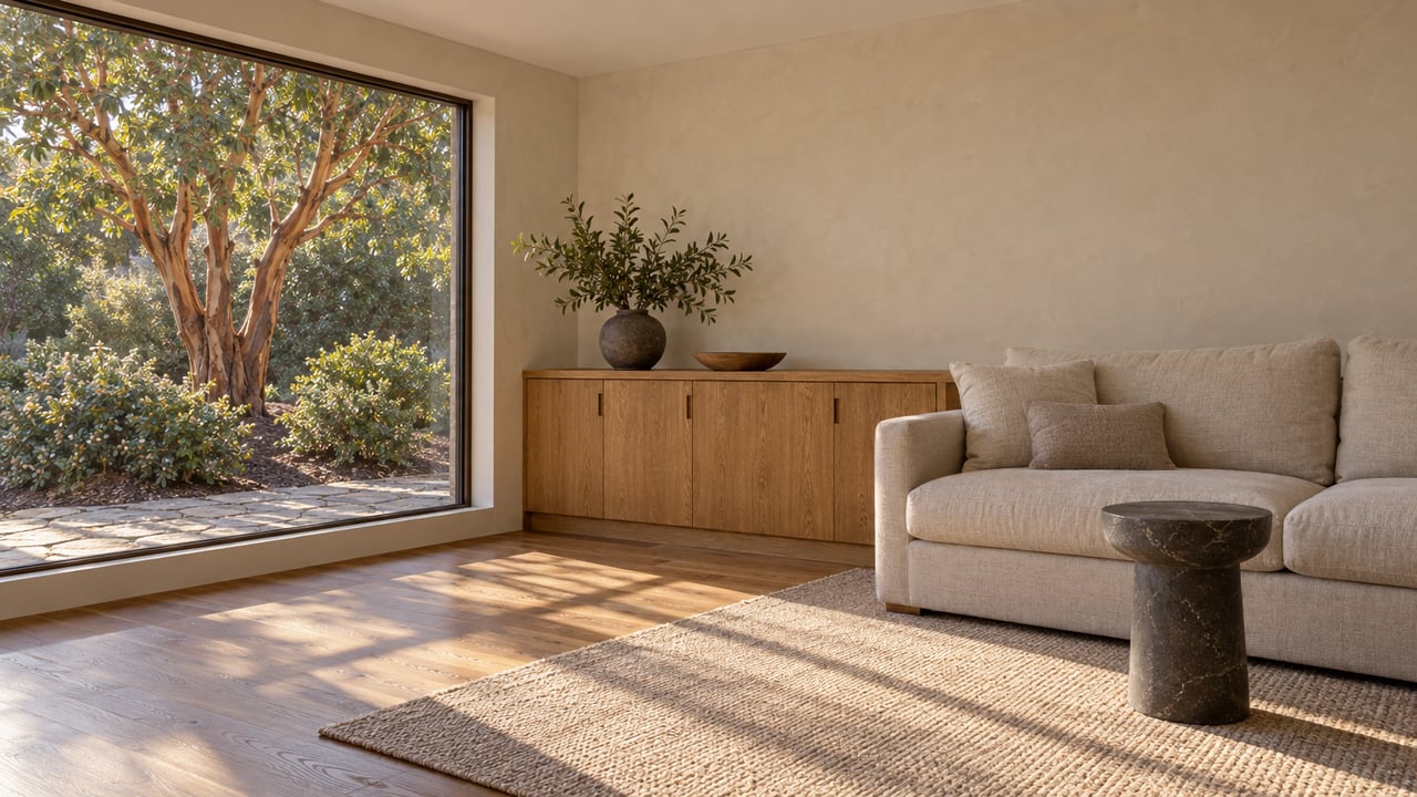 Oatmeal sofa beside a large garden-facing window, with an oak cabinet and sunlit plank floor.