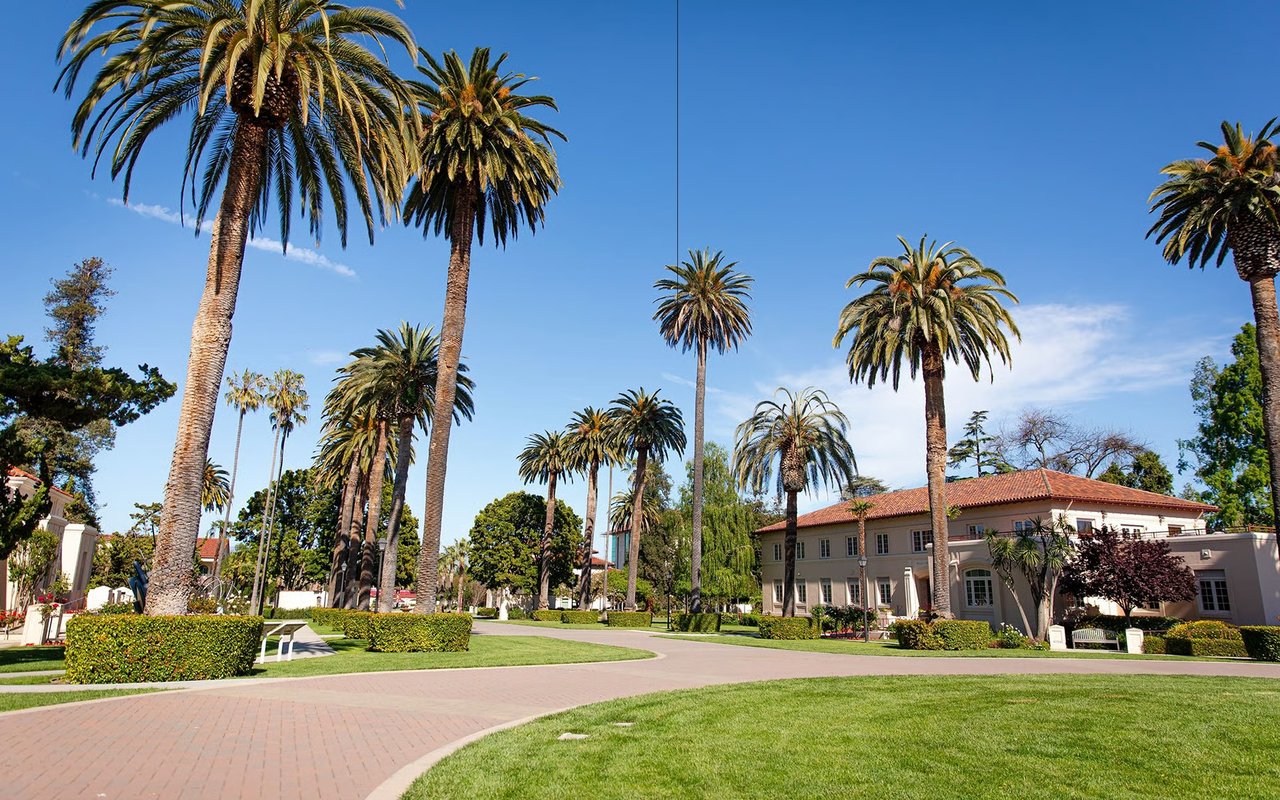 Palm-lined grounds with a curved brick walkway and a Spanish-style building.