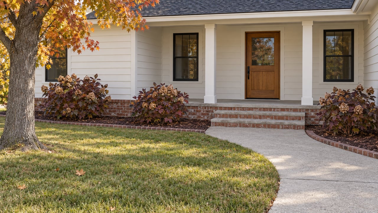 Ivory-sided ranch entry with an oak door, brick steps, curved concrete walk and autumn oakleaf hydrangeas beside a broad lawn.