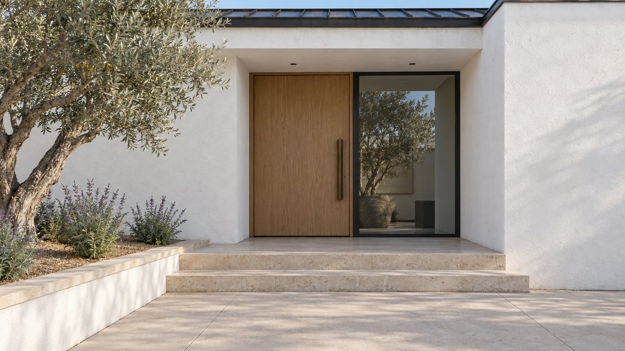 A recessed oak entrance and steel-framed window above limestone steps, beside a sculptural olive tree and a raised planting bed.