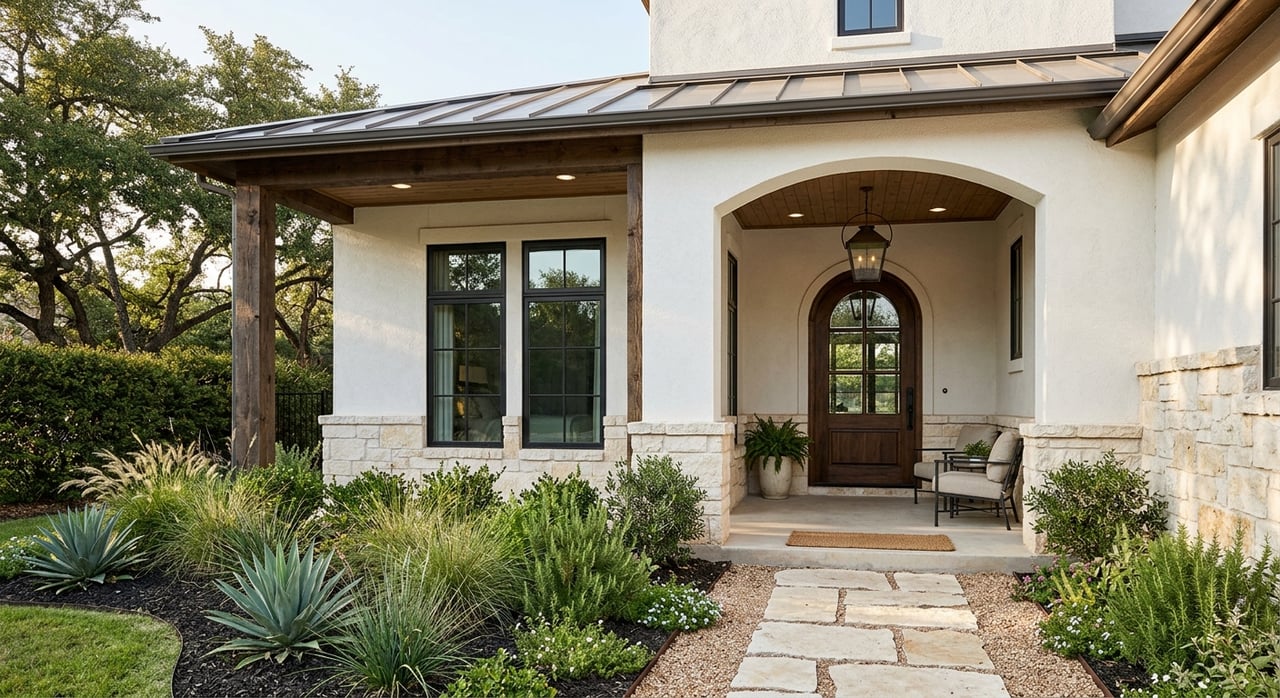 White stucco farmhouse with black steel windows, cedar porch beams, and a curved concrete walk through the lawn.