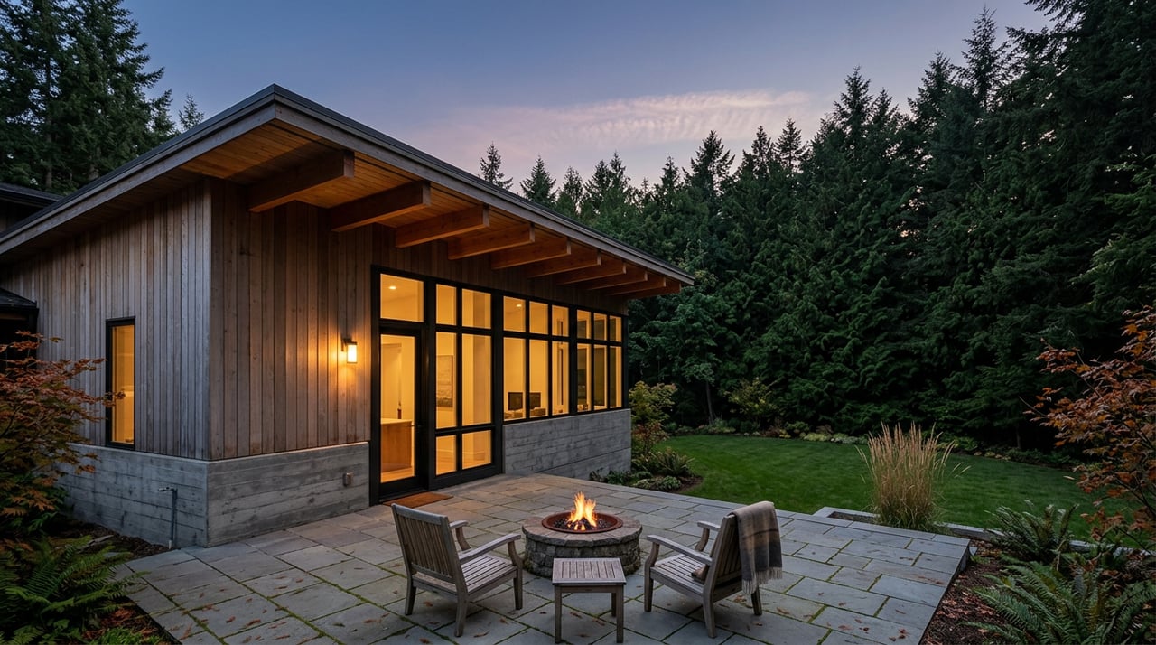 Stone terrace with a lit fire pit and teak chairs beside a cedar-and-concrete home, backed by dense conifers at dusk.
