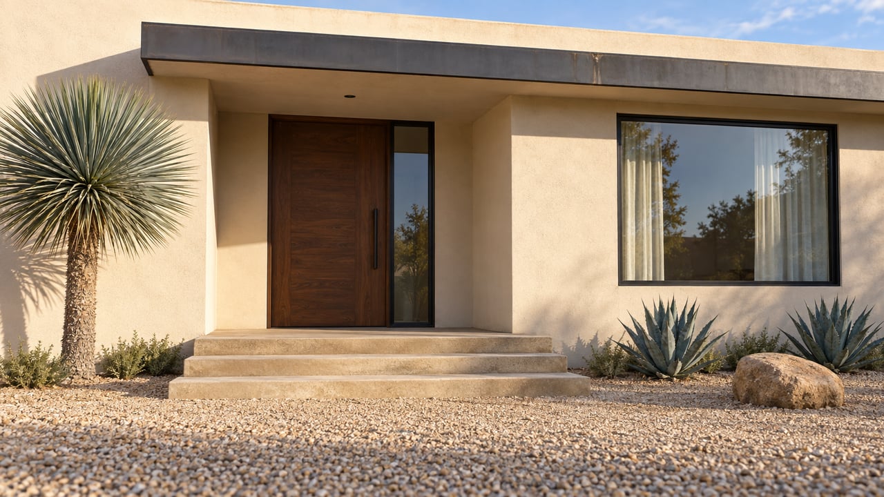 Warm stucco home entrance with a wood door, shaded glazing, broad concrete steps and sculptural desert plants.