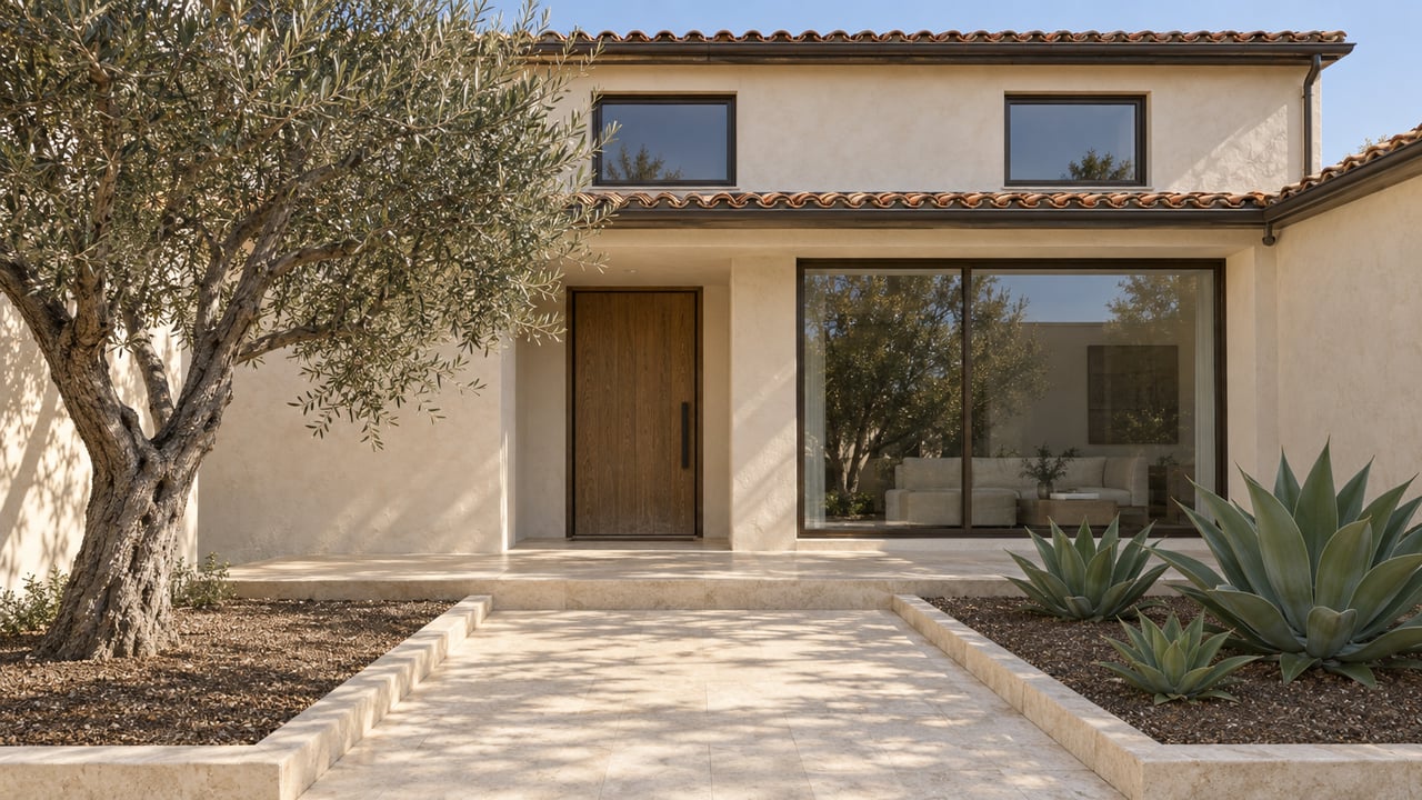Sunlit ivory stucco home with a terracotta roof, bronze-framed windows, limestone entry path, one sculptural olive tree and three agave rosettes.
