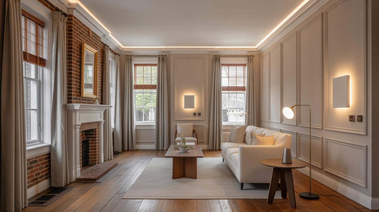 Neutral living room with a white sofa, brick fireplace, tall windows, and a wooden coffee table.