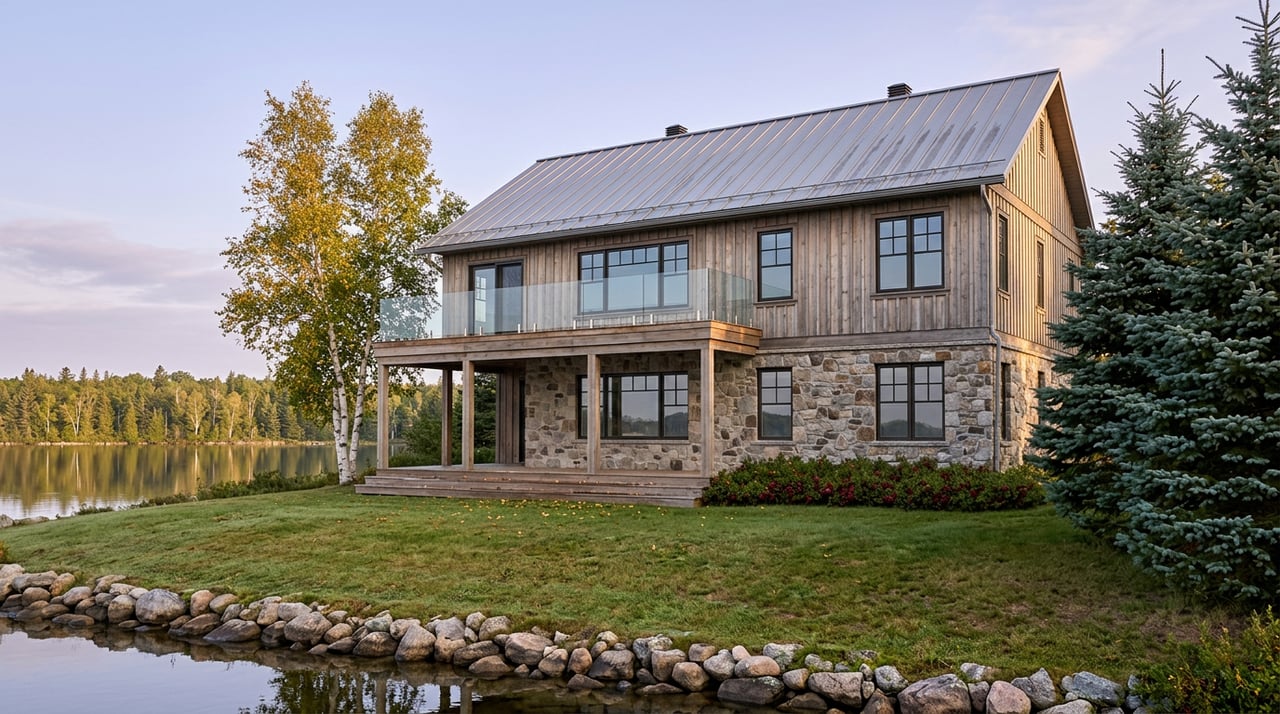 Two-story timber-and-stone lake house above a grassy bank, with calm water and wooded shoreline beyond.
