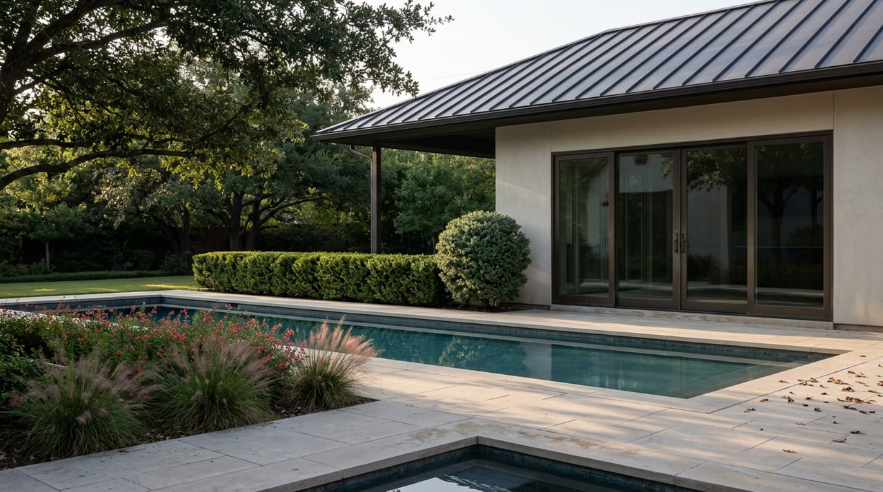 Linear pool and limestone deck beside a stucco pavilion, framed by clipped hedges and live oak branches.
