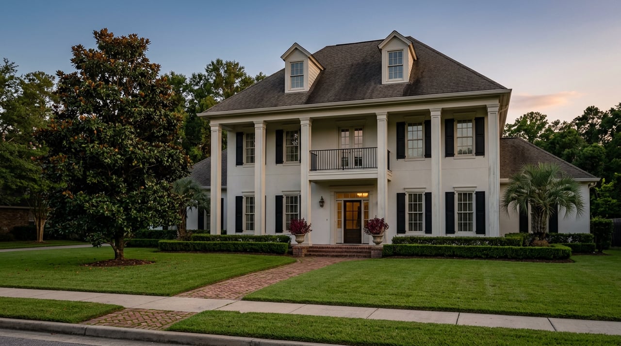 Symmetrical white estate facade with columned portico, balcony, dormers, and curved walkway across a broad lawn at dusk.