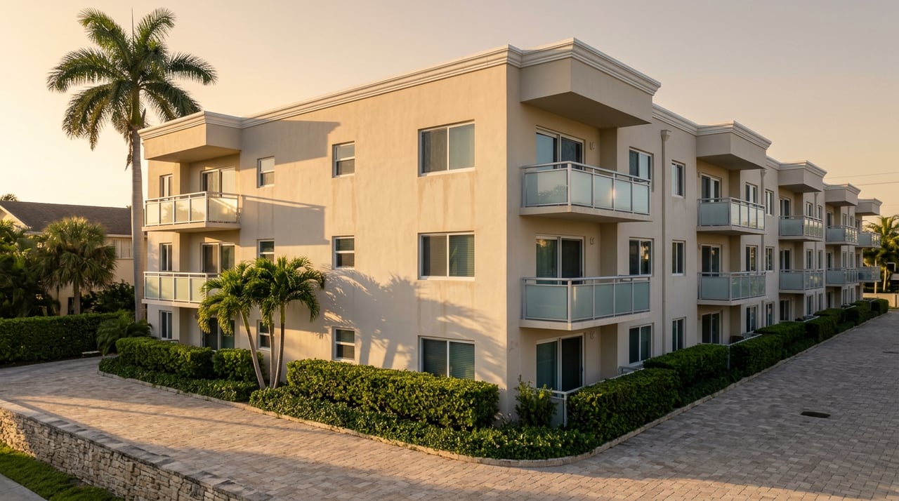 Three-story stucco condominium with balconies, palm trees, and a paved motor court in warm late-afternoon light.
