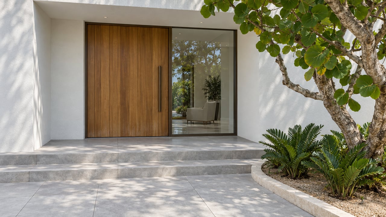 Warm wood entrance and bronze-framed glass above pale stone-look steps, with a sea-grape tree and coontie planting beside the approach.
