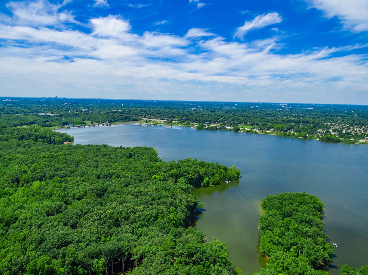 Aerial view of Hoover Reservoir near Galena, Ohio, showing protected shoreline, wooded landscapes, and one of Delaware County's premier outdoor recreation areas