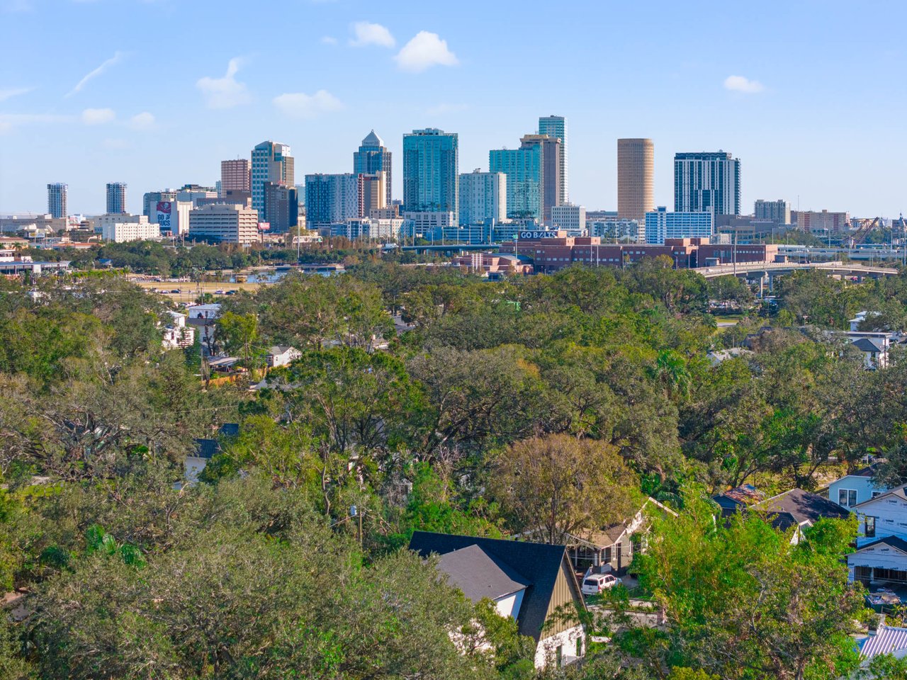 Drone view of Downtown Tampa with Riverside Heights in the foreground