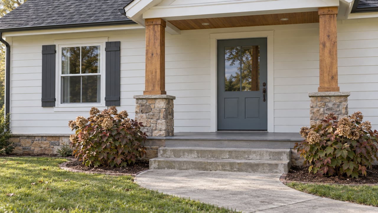 An off-white cottage entry with a timber porch, sandstone foundation, concrete steps and oakleaf hydrangeas in early autumn.