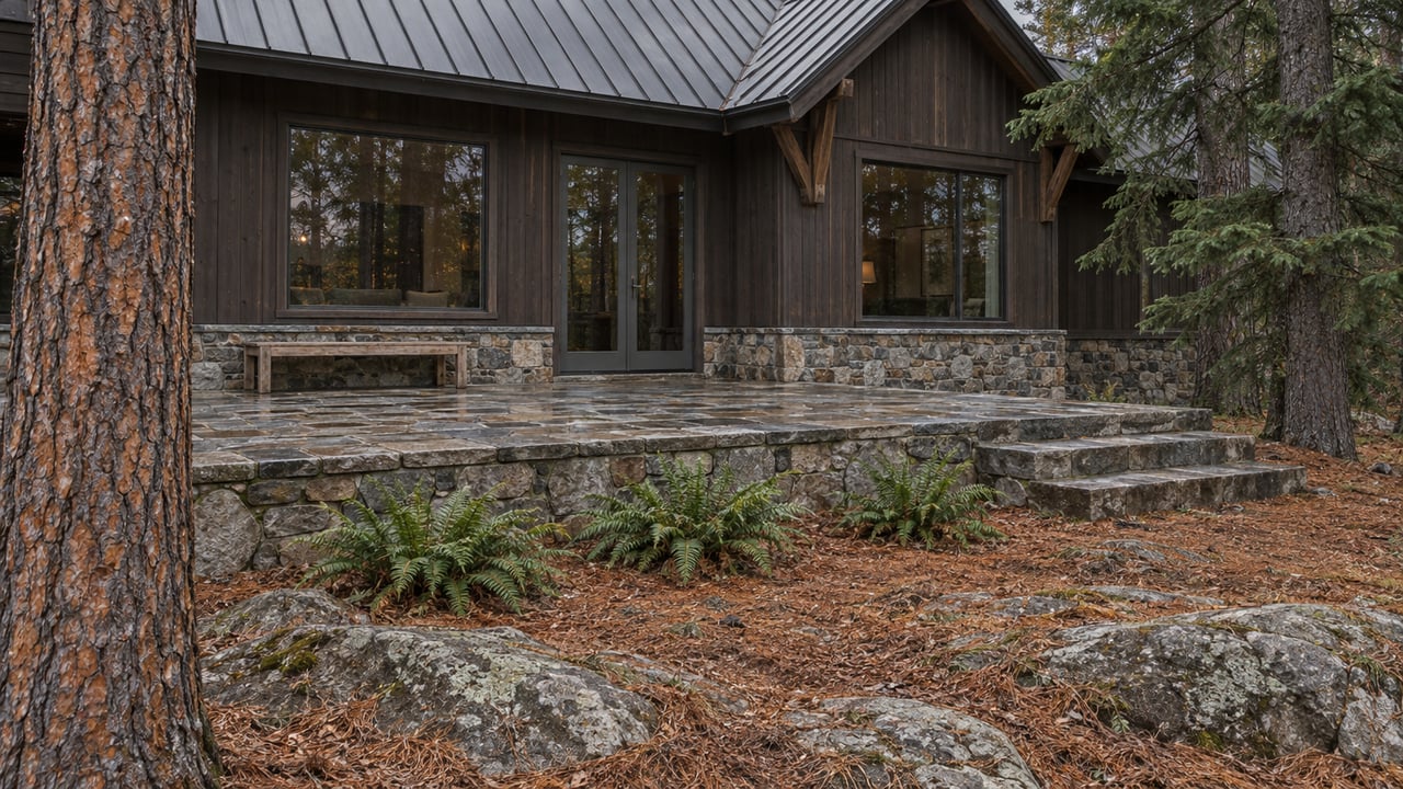 Dark cedar retreat with a pitched metal roof, stone terrace, and large windows overlooking a pine-needle-covered yard with mature conifers.