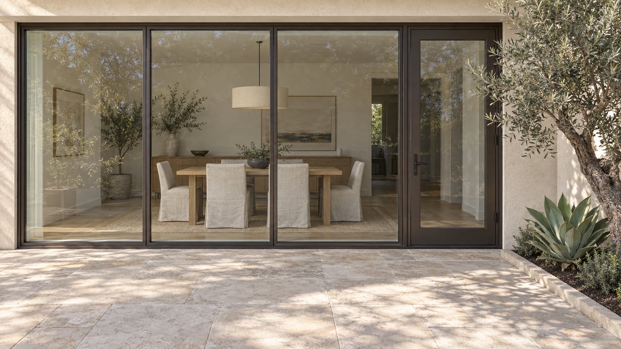 Glazed dining-room wall opening onto a limestone terrace with an olive tree and agave.