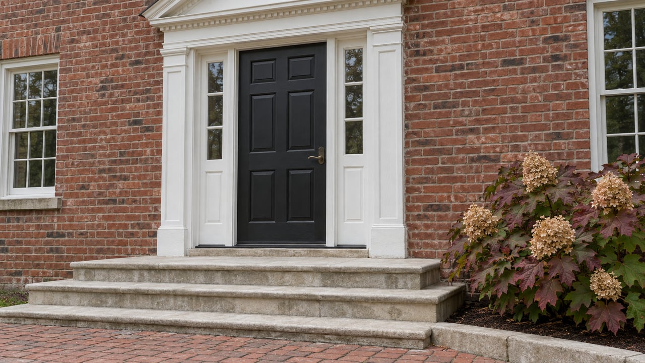 Red-brick home entrance with a black paneled door, paired glazed sidelights, limestone steps and an oakleaf hydrangea.