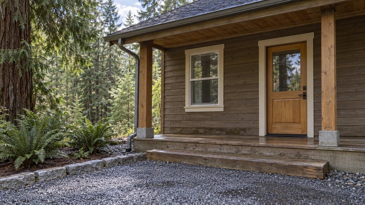 Weathered wood cottage entry with covered timber steps, damp gravel, a mature redwood and sword ferns.