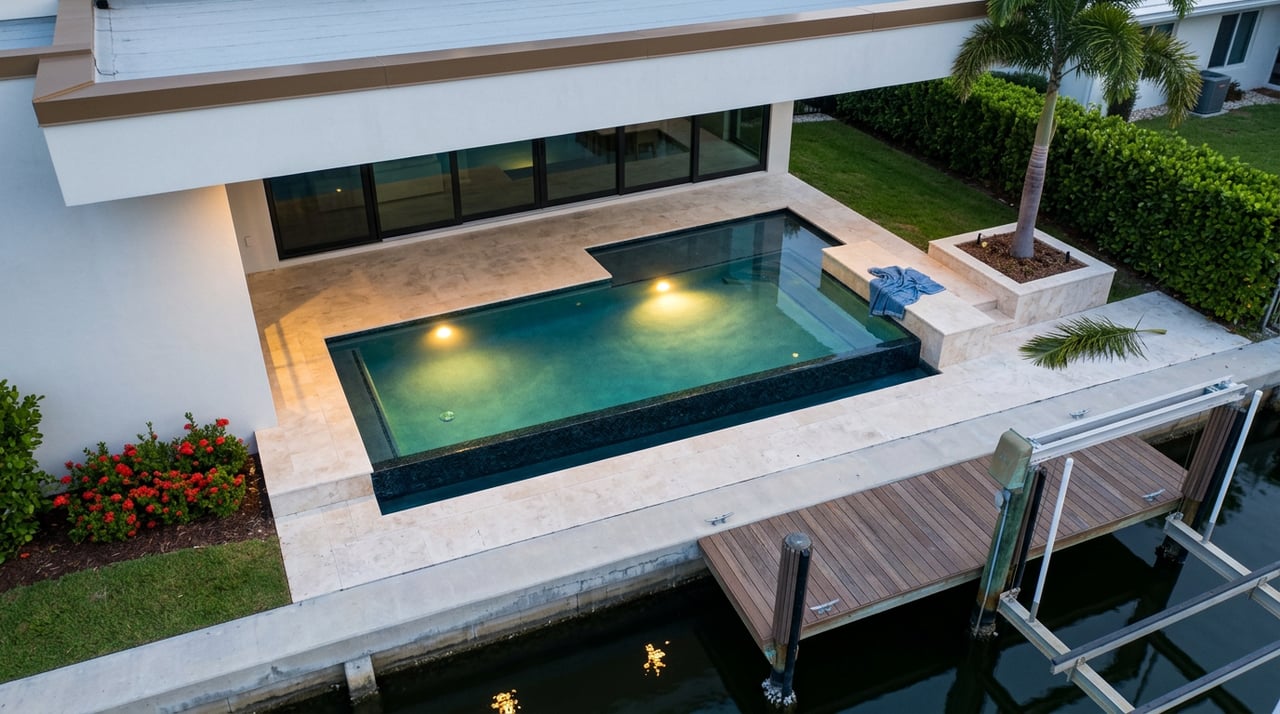 Turquoise-lit L-shaped pool beside a travertine terrace, with a palm, dock, and dark canal beyond.