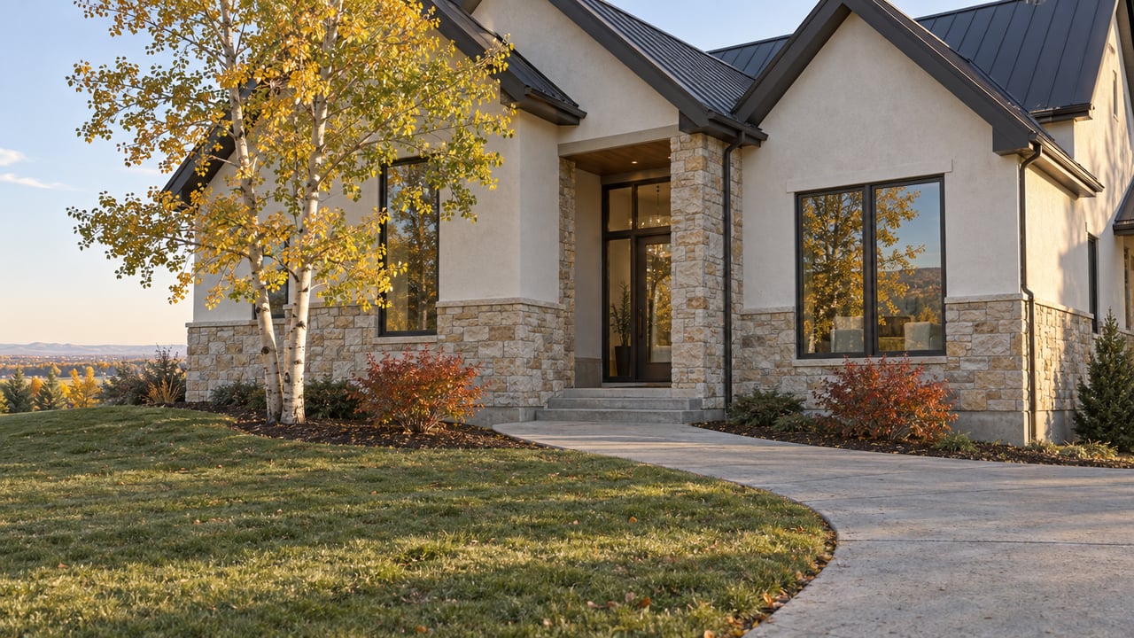 Large detached house with limestone entry wing, dark gabled roof, and yellowing aspen beside the approach.