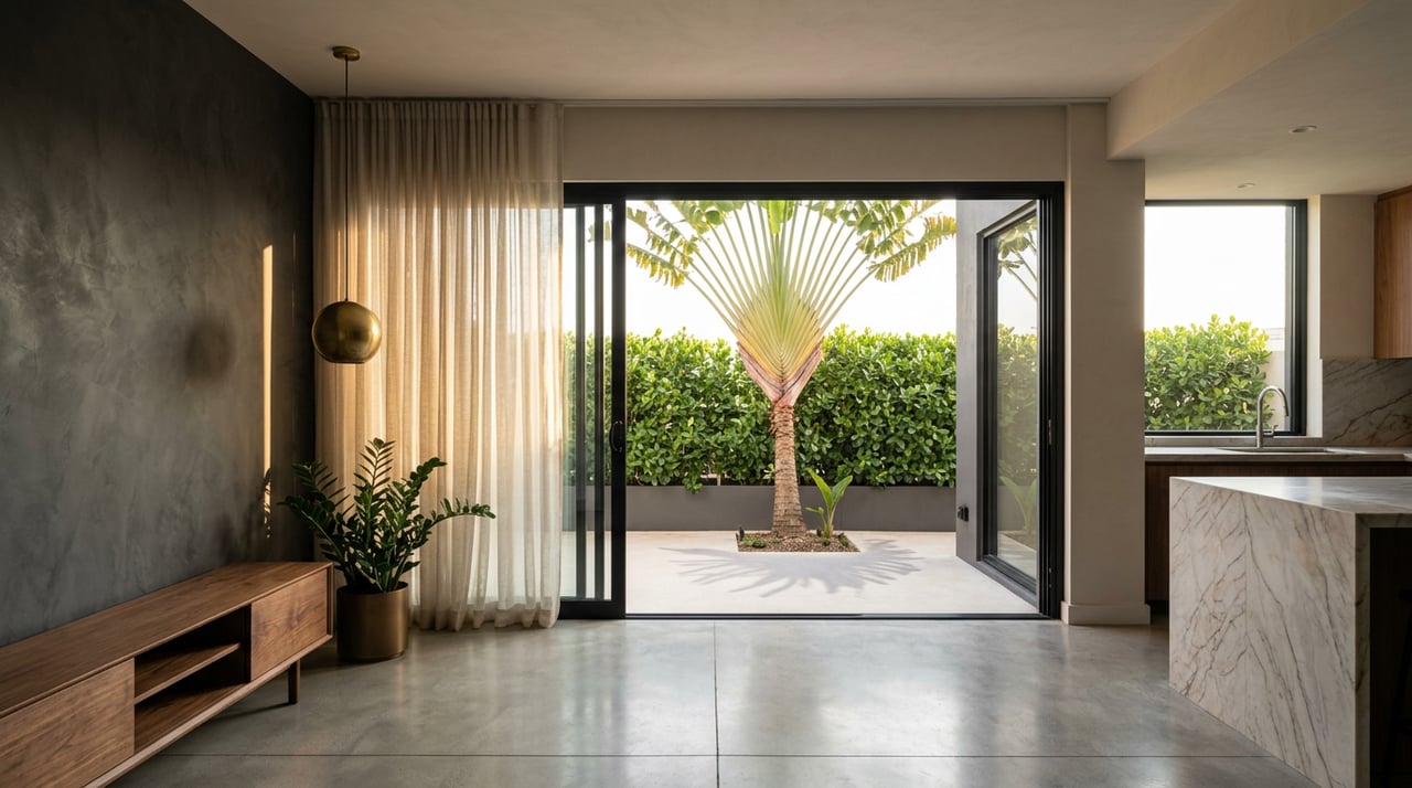 Warm loft interior with a walnut console, brass pendant, marble island, and terrace framed by a palm and clipped hedge.