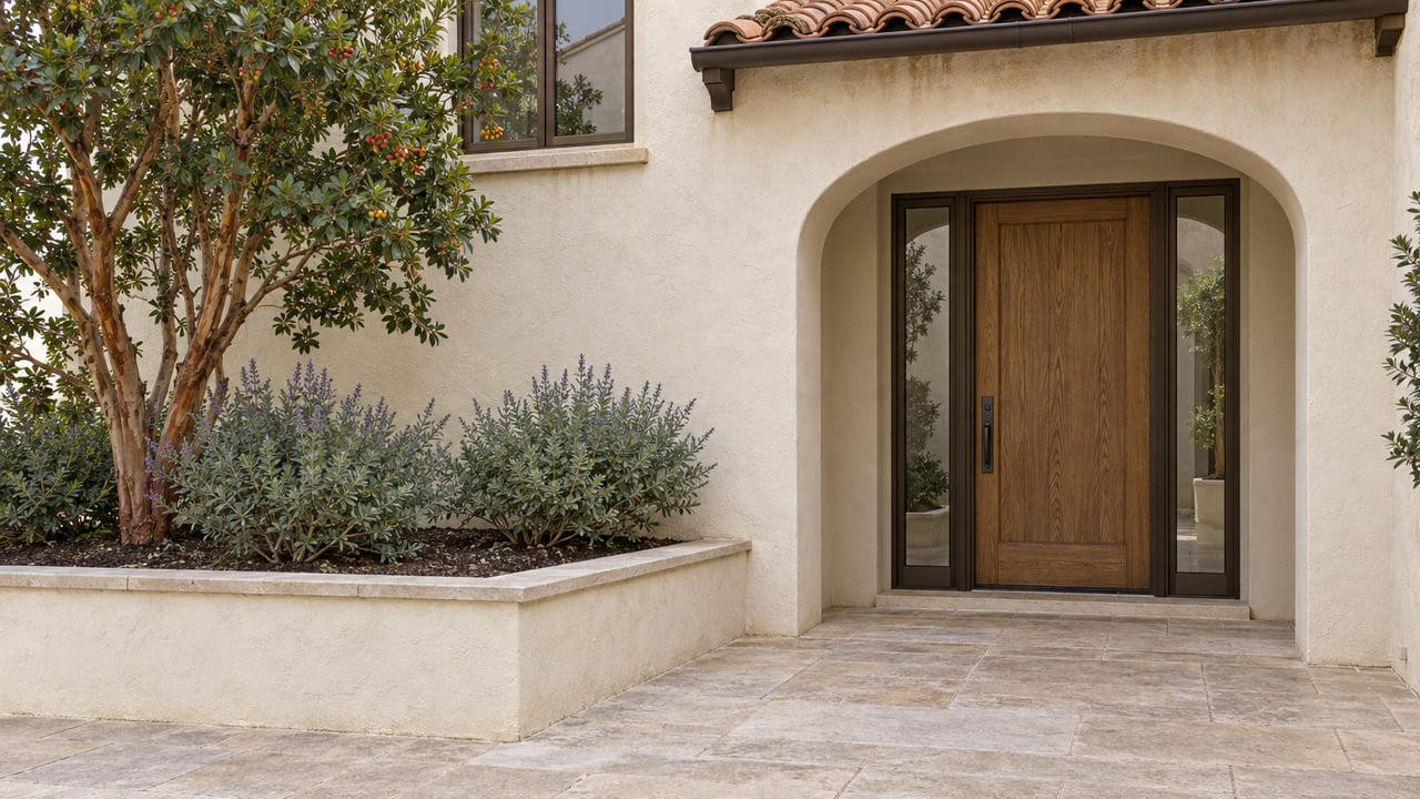 Cream stucco attached-home entrance with a terracotta eave, oak door, limestone courtyard and a strawberry tree in a raised planter.