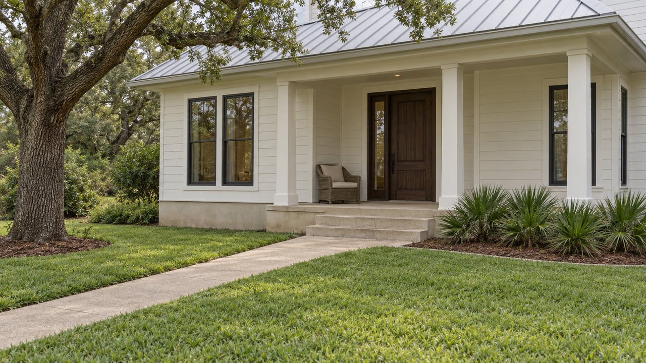 White-sided home with a silver standing-seam roof, shaded porch, live oak and a deep lawn crossed by a concrete entry walk.
