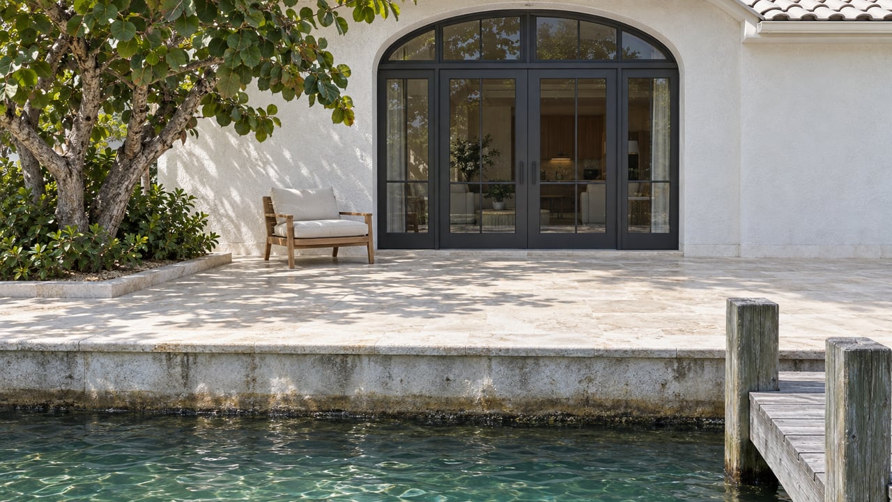 Sunlit waterfront terrace with arched dark-framed glass doors, ivory stone paving, a sea grape tree and a weathered timber dock beside green-blue water.