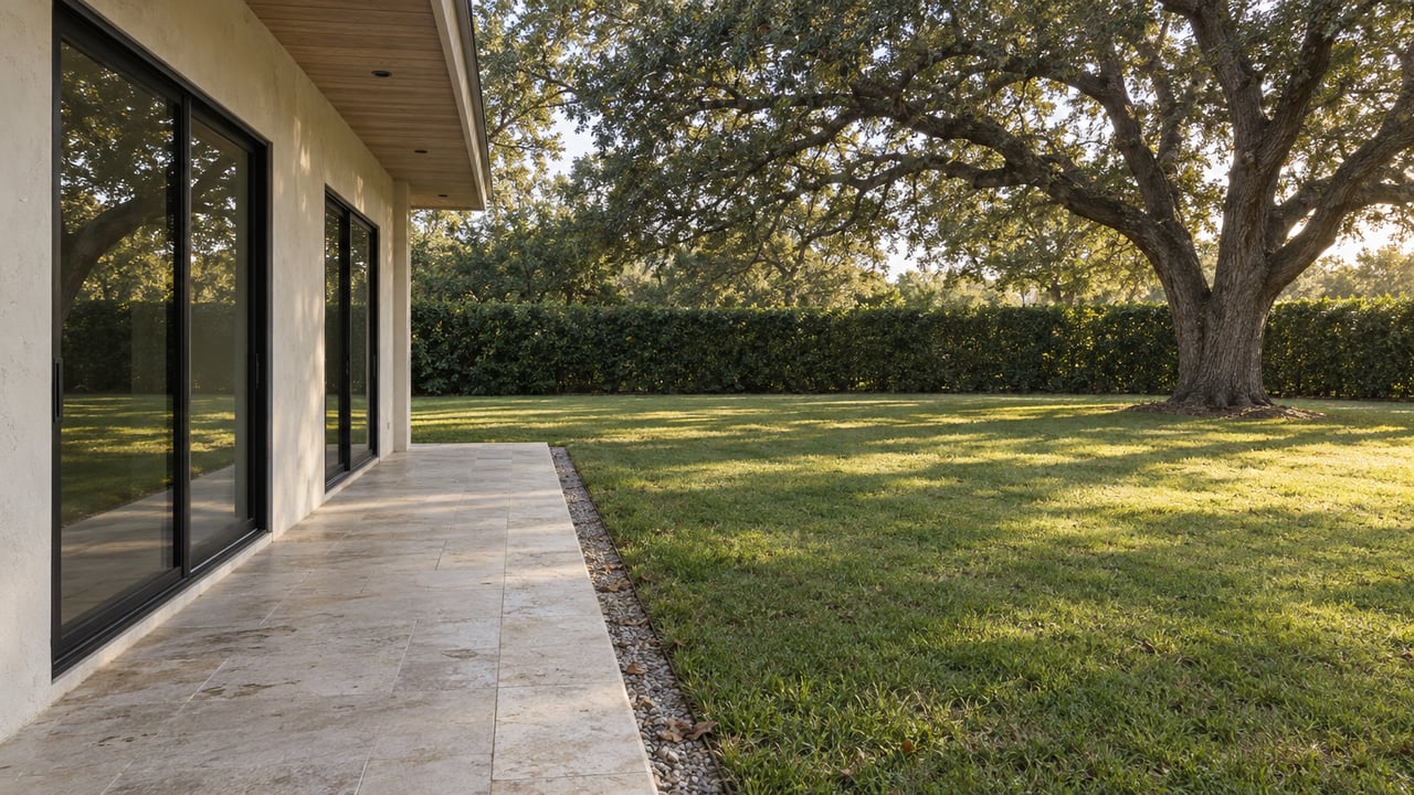 Deep lawn beside a limestone terrace and stucco home, shaded by a spreading live oak and bordered by a clipped hedge.