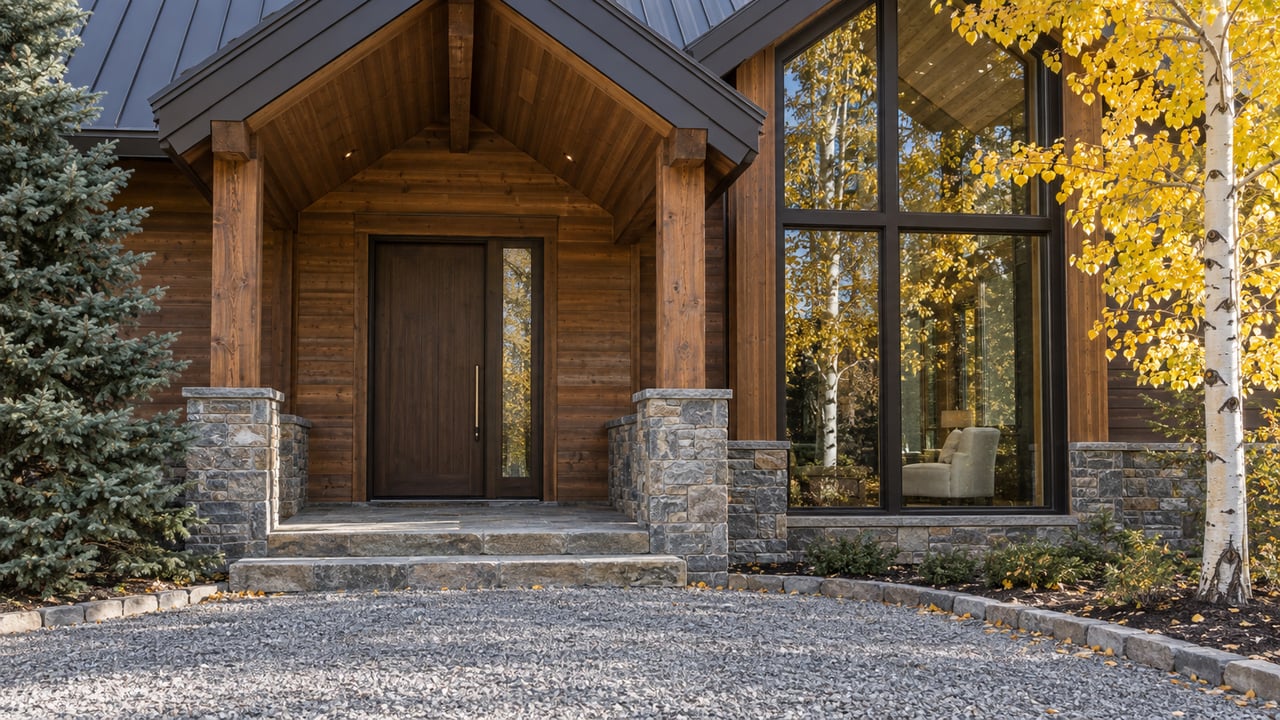 Autumn light on a cedar-and-stone home with a covered entry, tall windows and a golden-leaved aspen beside the gravel approach.