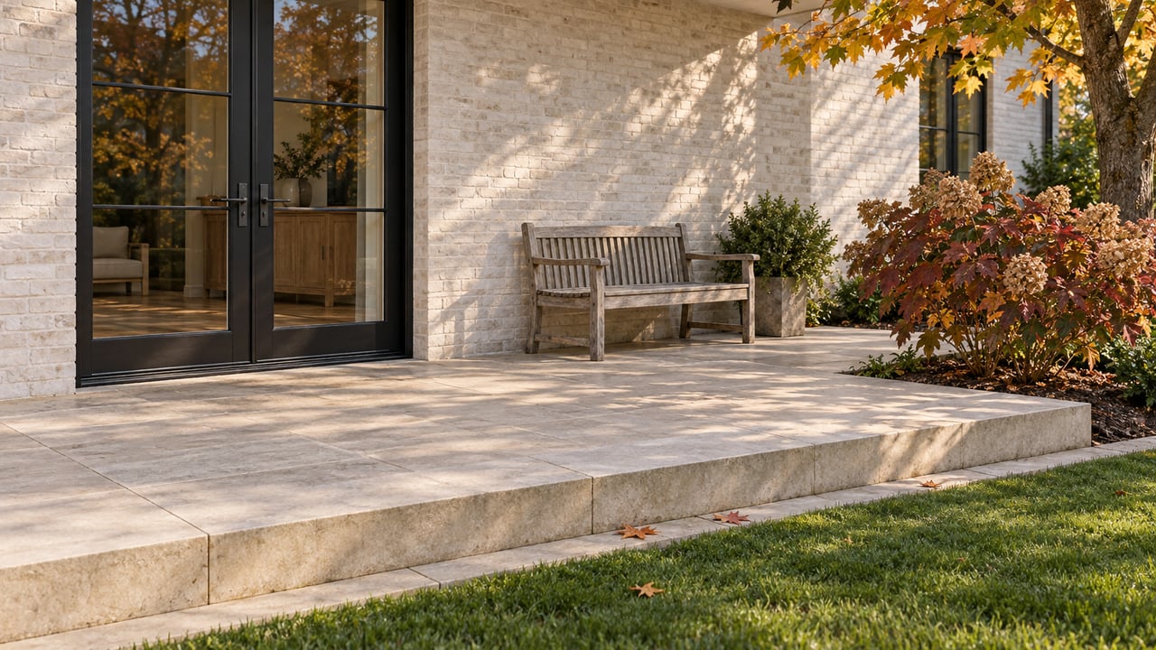 Cream brick home with black-framed French doors opening onto a limestone terrace, a weathered teak bench, and autumn planting.