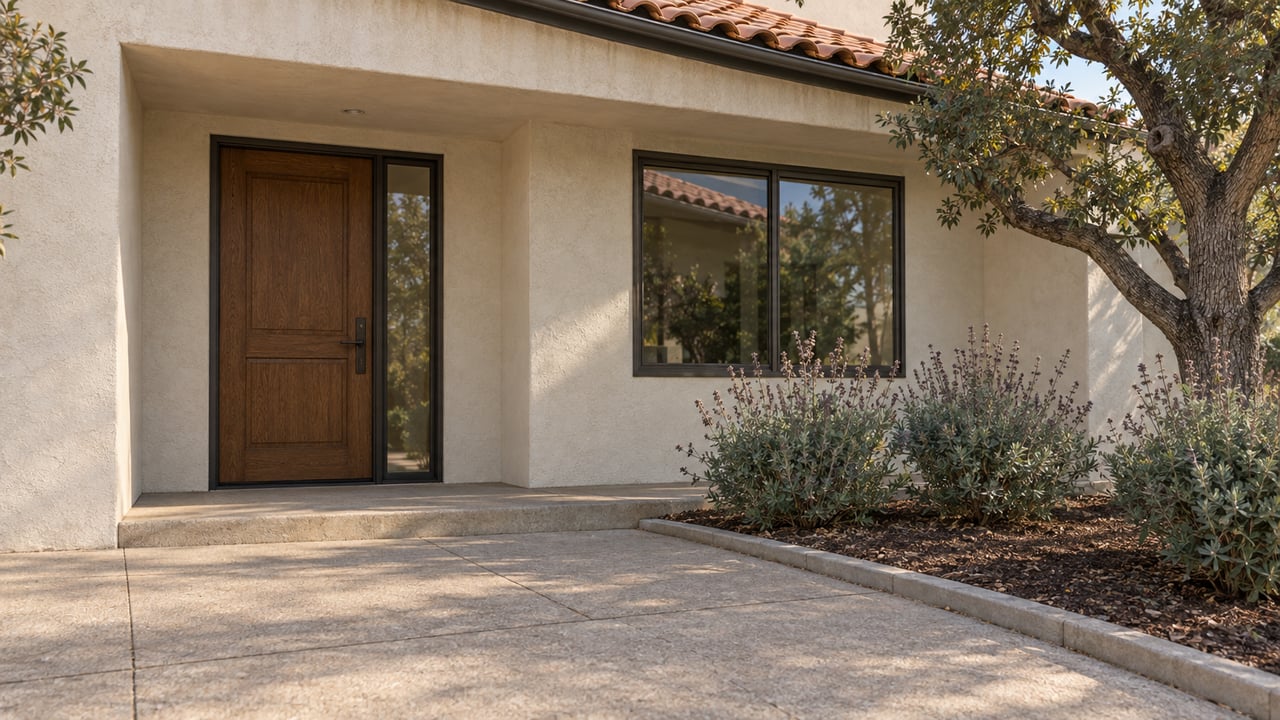Recessed stucco home entry with a wooden door, terracotta roof tiles, concrete approach and sculptural oak planting.