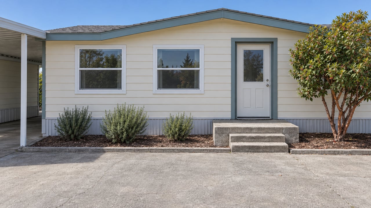 Cream-sided manufactured home with teal fascia, a small concrete entry landing, compact planting beds, and the edge of an attached carport.