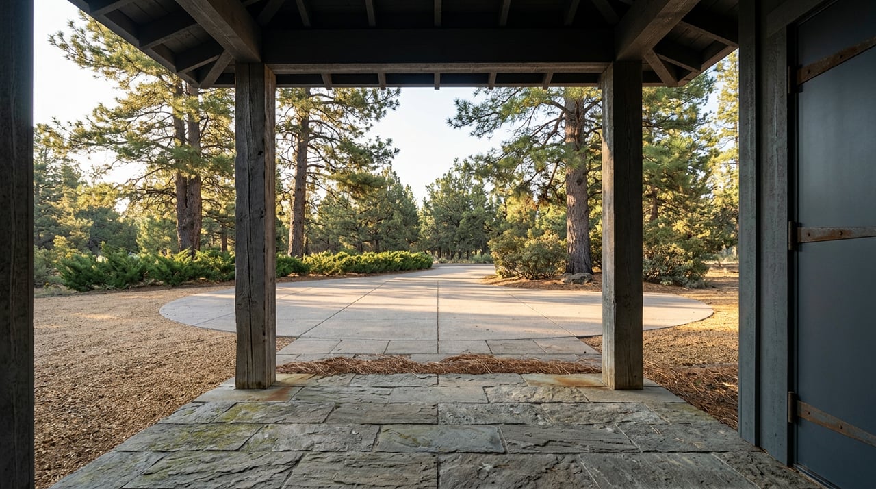 Stone entry threshold beneath timber posts frames a paved motor court, pine trees, and juniper hedge.