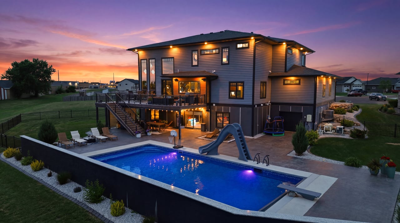 Modern two-story home glowing at dusk above a swimming pool with a slide.