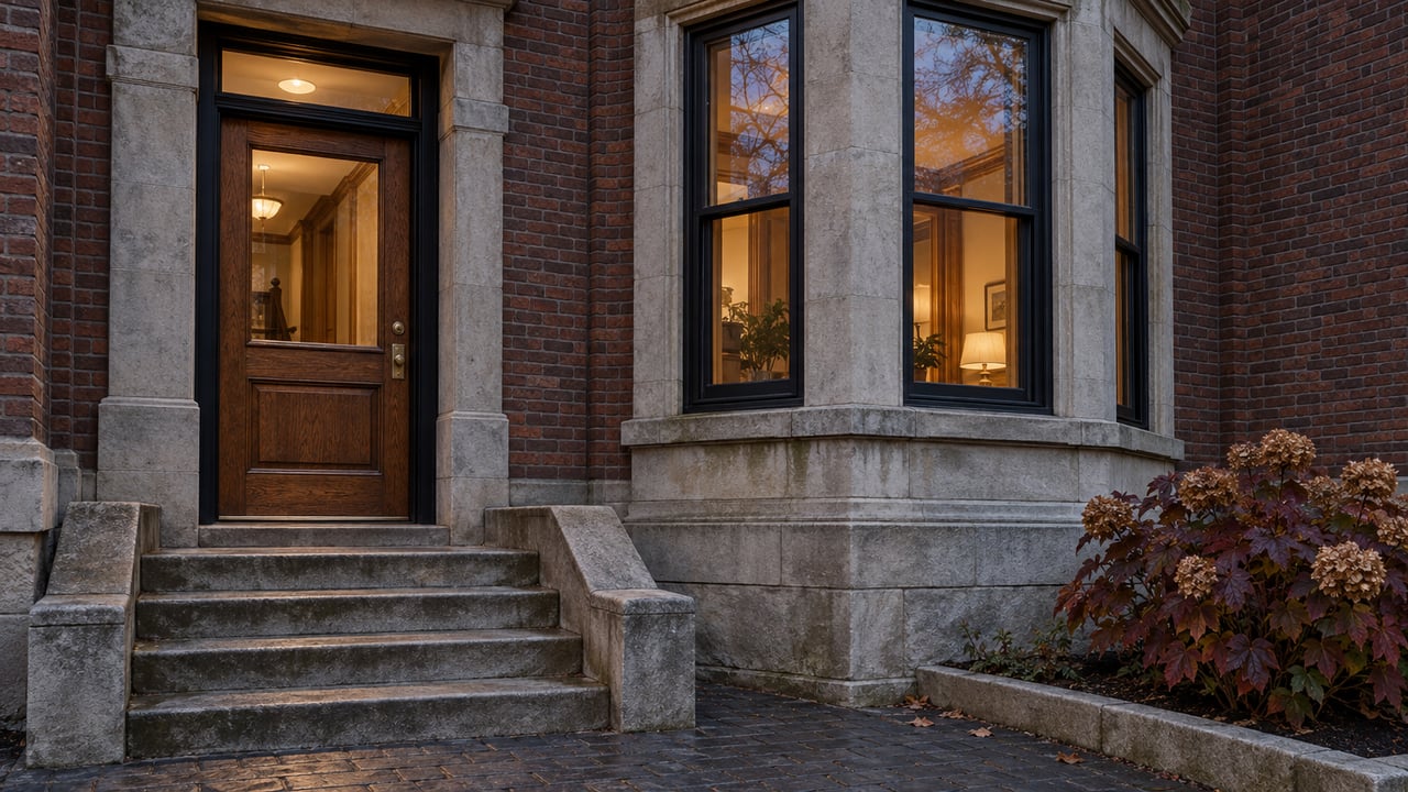 Restored brick residence with a limestone window bay, warm glazed entry, worn stone steps and autumn oakleaf hydrangea at blue hour.