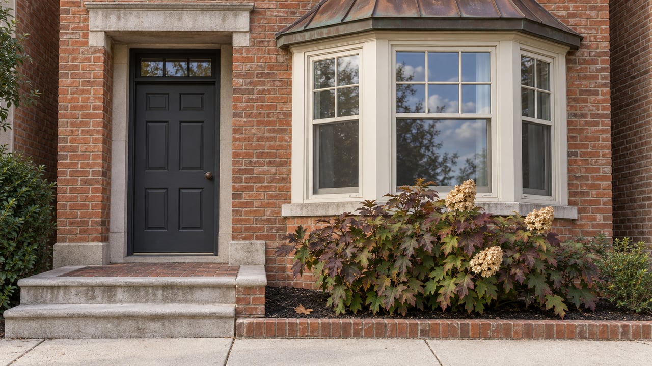 Close view of a red-orange brick home's charcoal entry door, cream-framed bay window, limestone steps and oakleaf hydrangea.