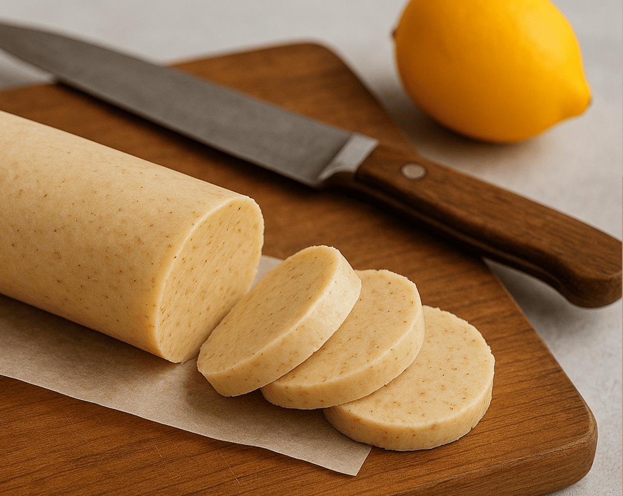 Log of honey butter rolled in parchment paper, ready to slice and serve.
