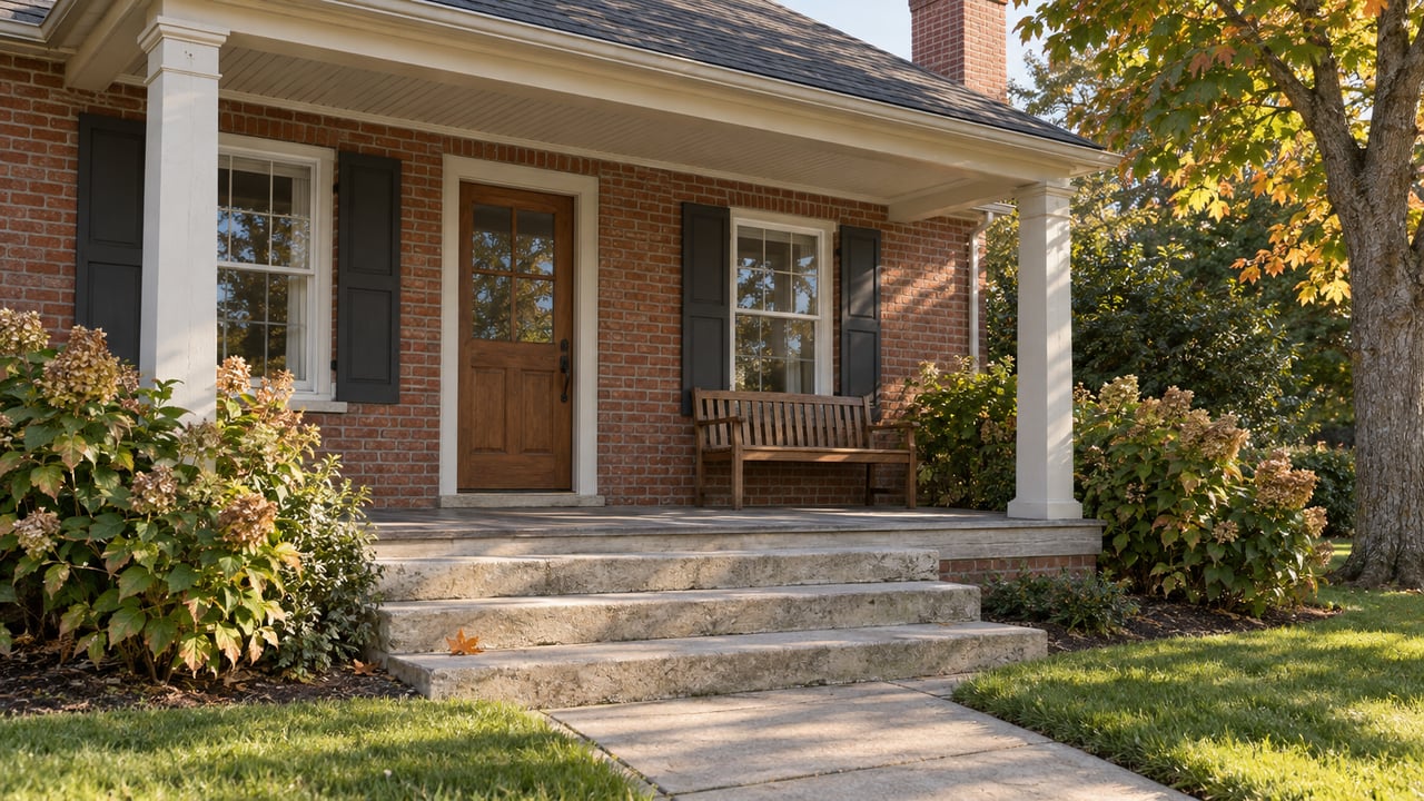 Brick cottage porch with cream timber columns, charcoal shutters, worn limestone steps and oakleaf hydrangeas in afternoon light.